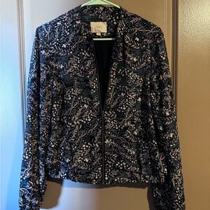 LOFT Navy Floral Zip Jacket with White Accent